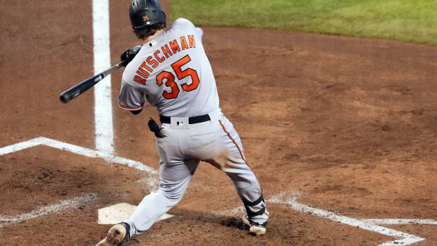 Sep 3, 2023; Phoenix, Arizona, USA; Baltimore Orioles catcher Adley Rutschman (35) bats against the Arizona Diamondbacks during the fifth inning at Chase Field. Mandatory Credit: Joe Camporeale-USA TODAY Sports